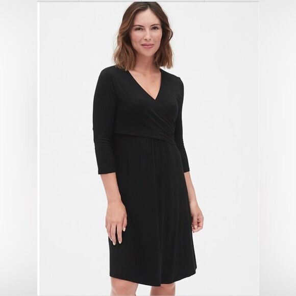 GAP Dresses & Skirts - Gap Maternity Black Jersey Surplice V-Neck 3/4 Sleeve Wrap Knee Length Dress S